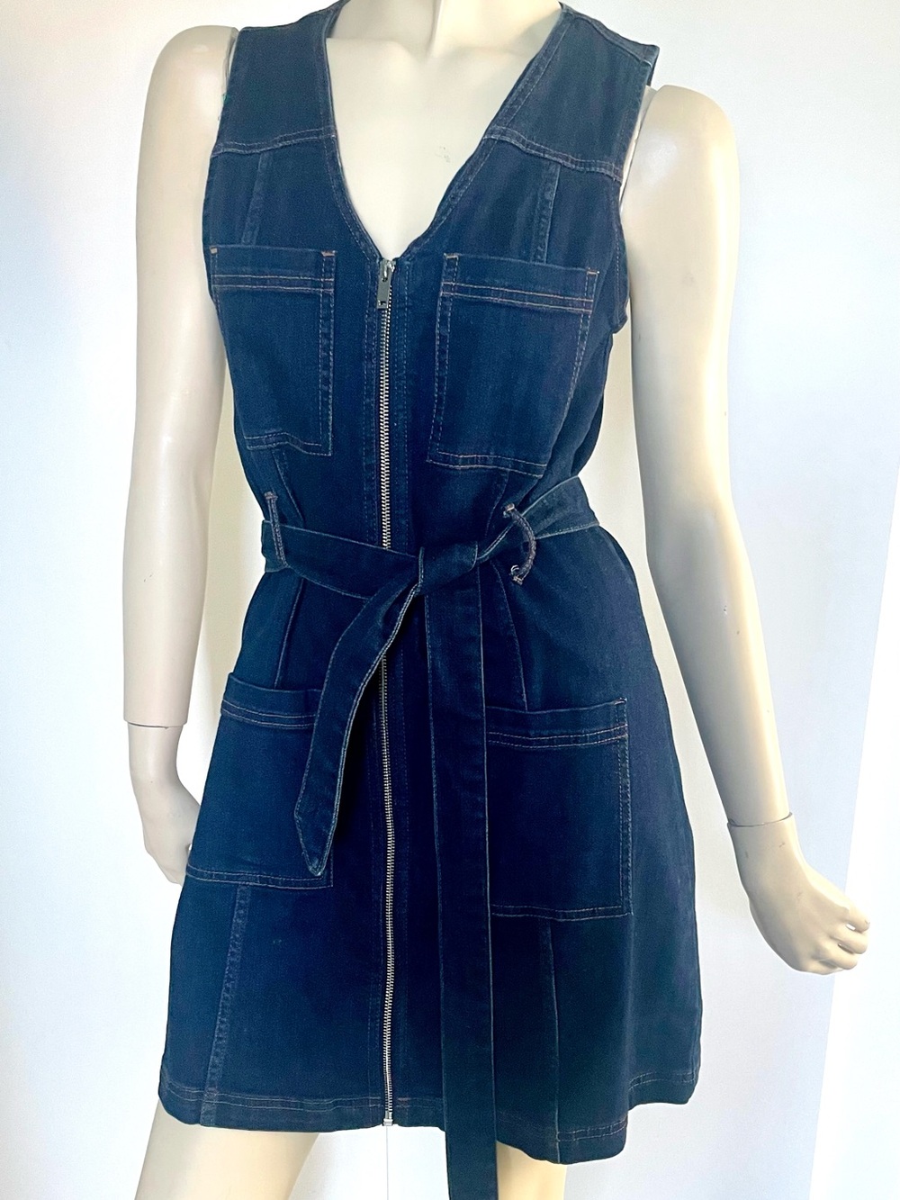 Dark Denim Midi Dress with Thick Belt Tie
